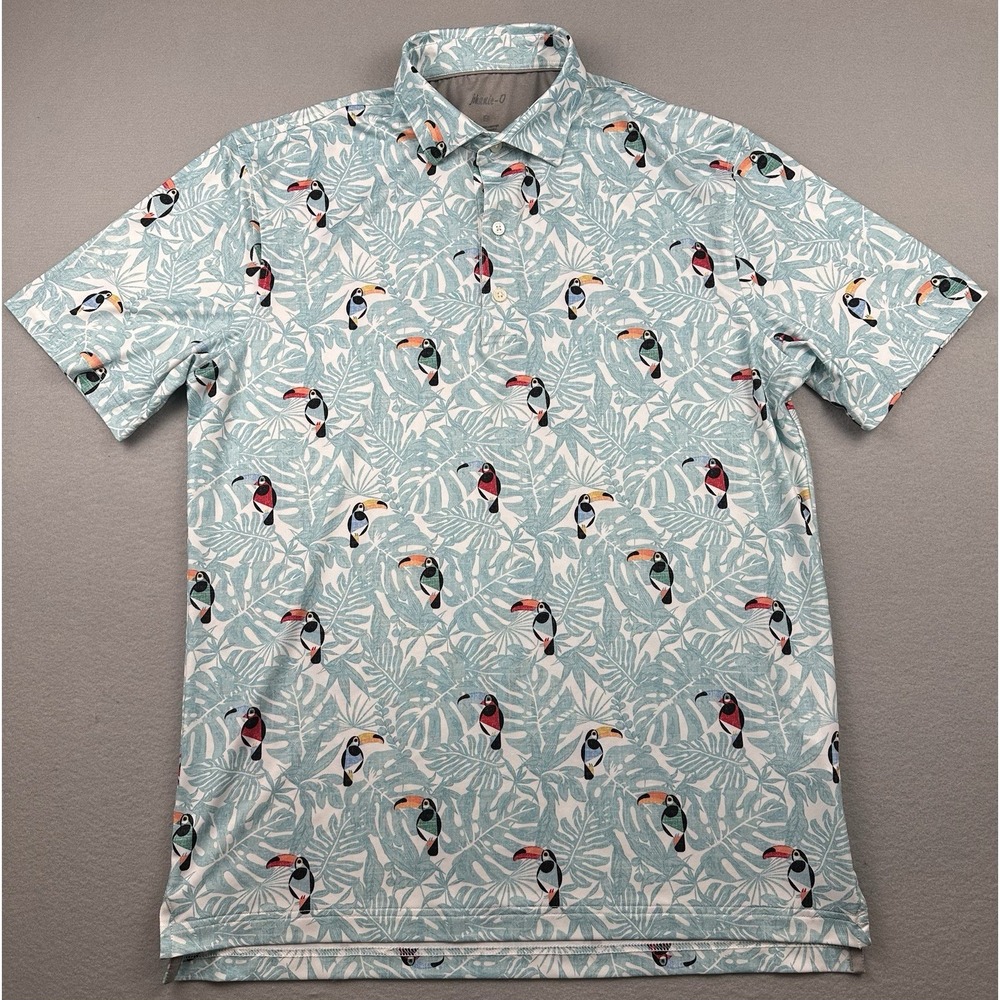 Johnnie O Shirt Mens S Blue Toucan All Over Print Performance Golf Polo Stretch